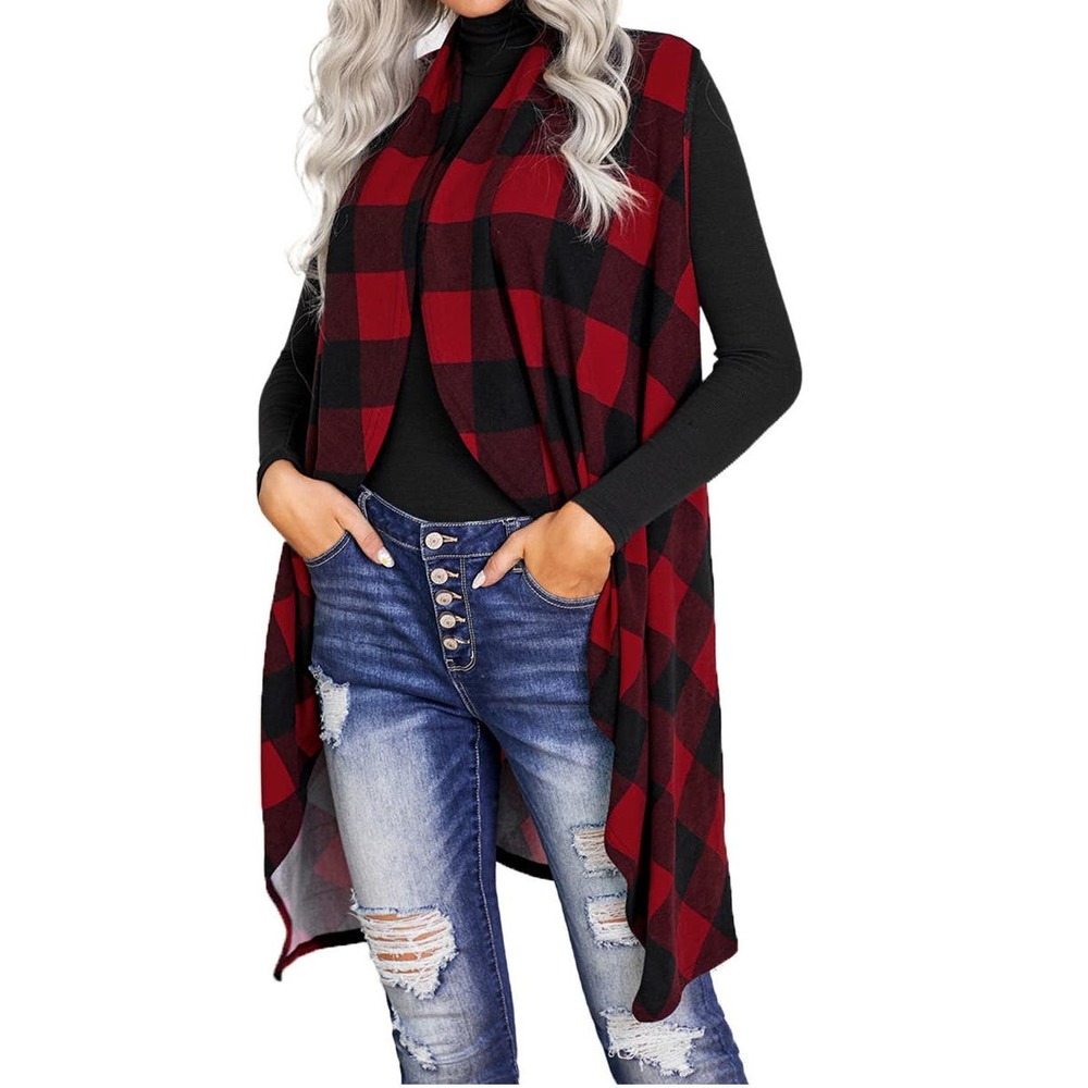 RED BLACK BUFFALO PLAID ASYMMETRIC SLEEVELESS CARDIGAN SIZE 2XL 18-20